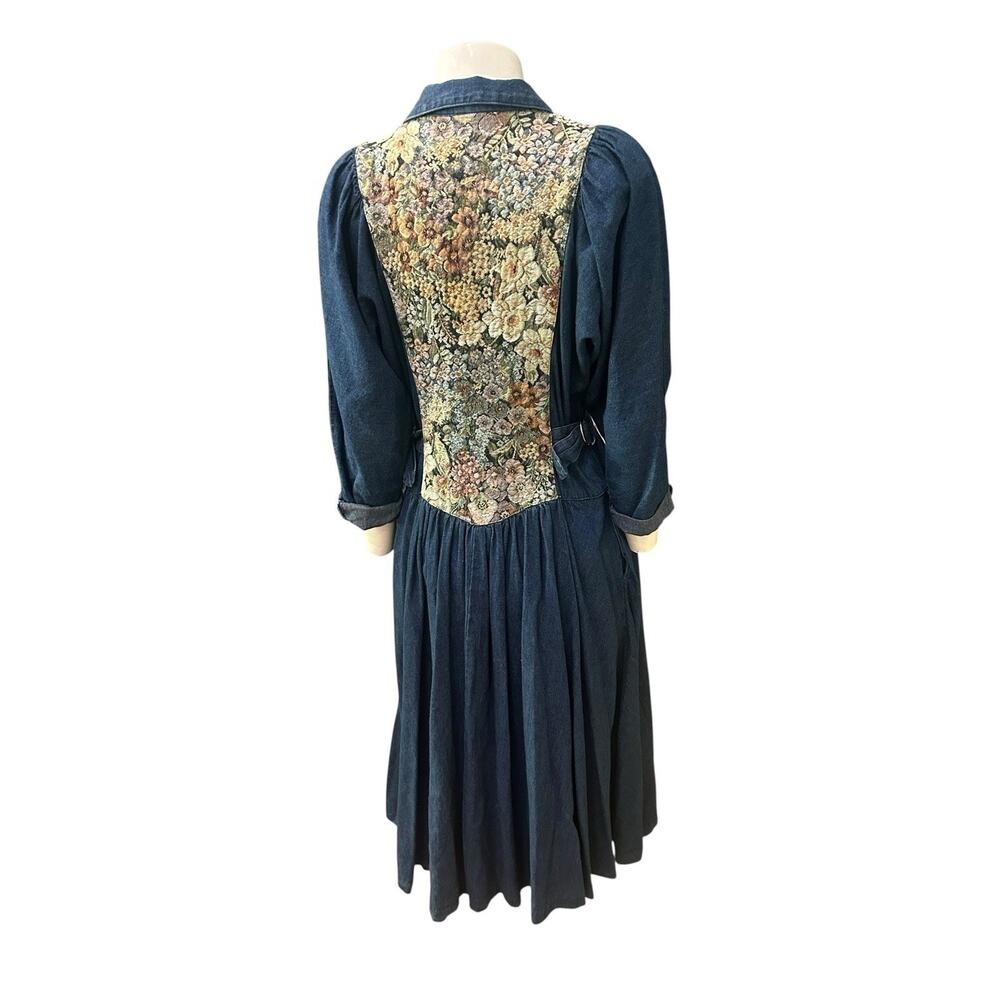 Vintage 80s Denim Prairie Dress Tapestry Floral Corset Midi Puffed Sleeve S 7 - - Picture 6 of 8